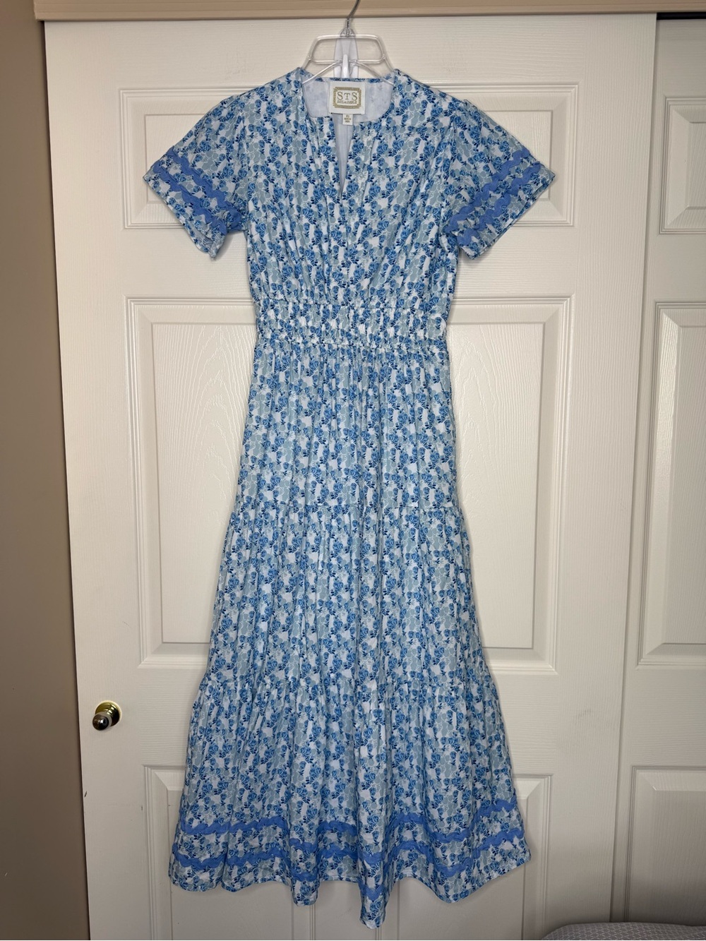 Sail to Sable Flowering Vine Flutter Sleeve Ric-Rac Midi Dress Blue Floral Sz XS - Picture 2 of 11